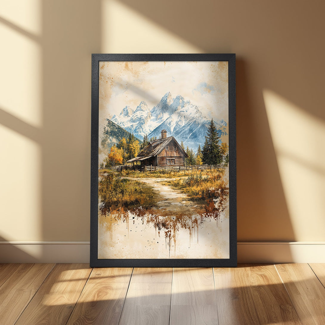 Framed Poster featuring a cabin in the mountains, watercolor style, warm earth tones and cool blues. Perfect wall art for your home!