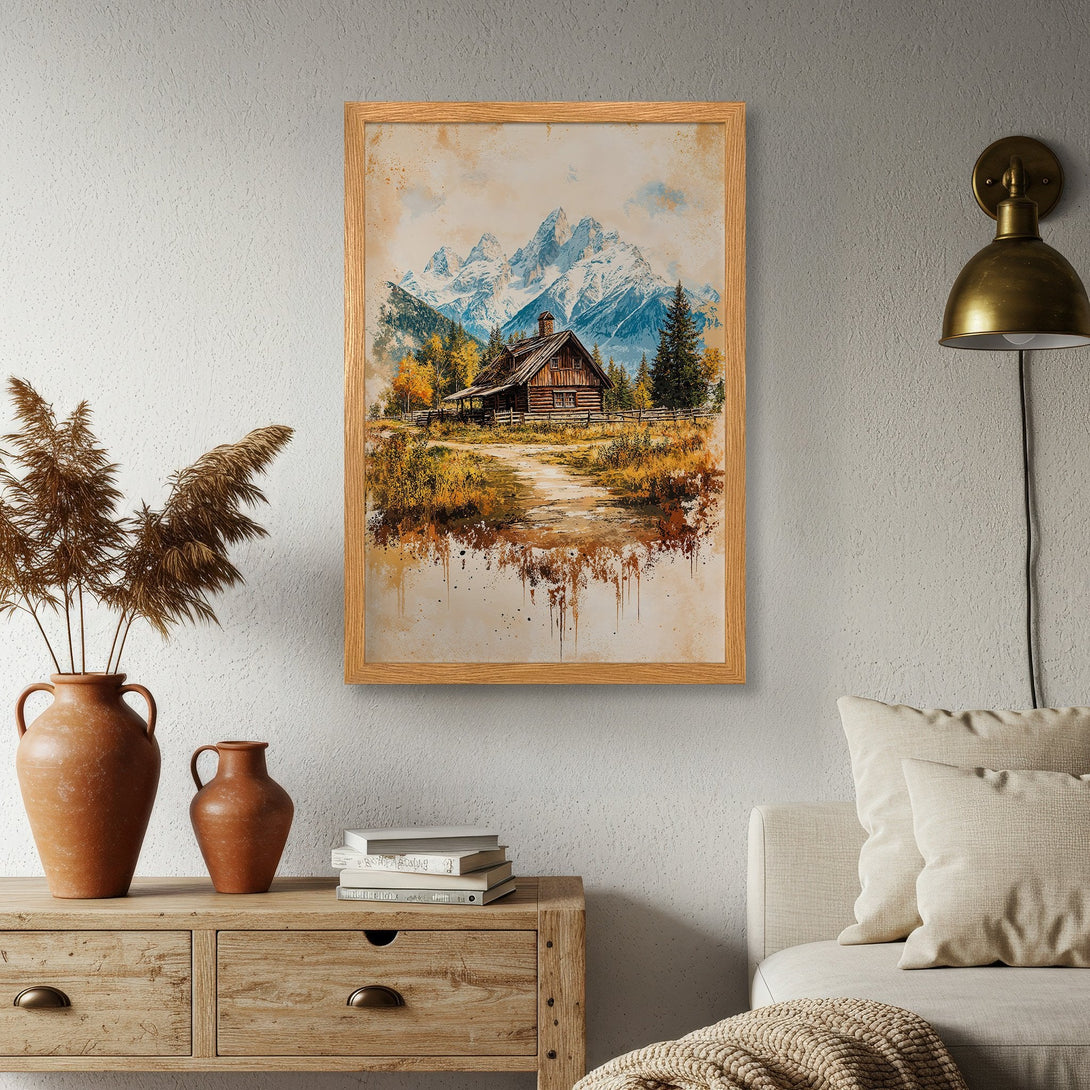 Framed Poster of a cabin in the mountains. Watercolor style art with warm, earthy tones and cool blues. Perfect wall decor.