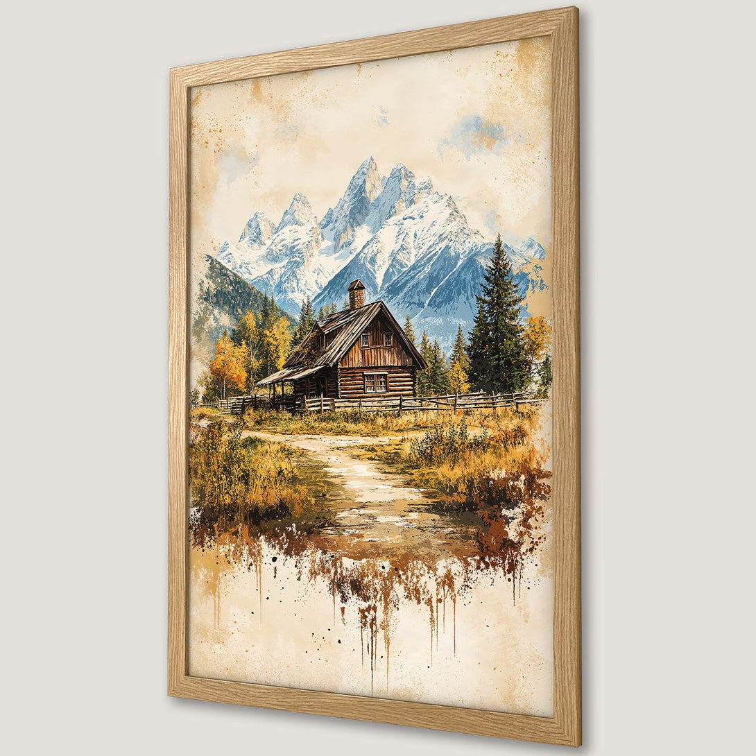 Framed Poster featuring a watercolor-style cabin scene with mountains. Earthy tones of brown, gold, and blue create a serene landscape. Perfect wall art!