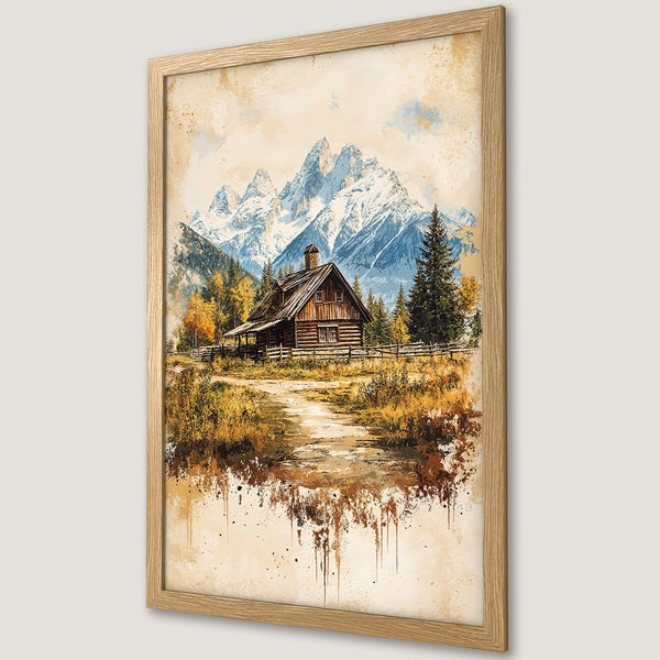 Framed Poster featuring a watercolor-style cabin scene with mountains. Earthy tones of brown, gold, and blue create a serene landscape. Perfect wall art!