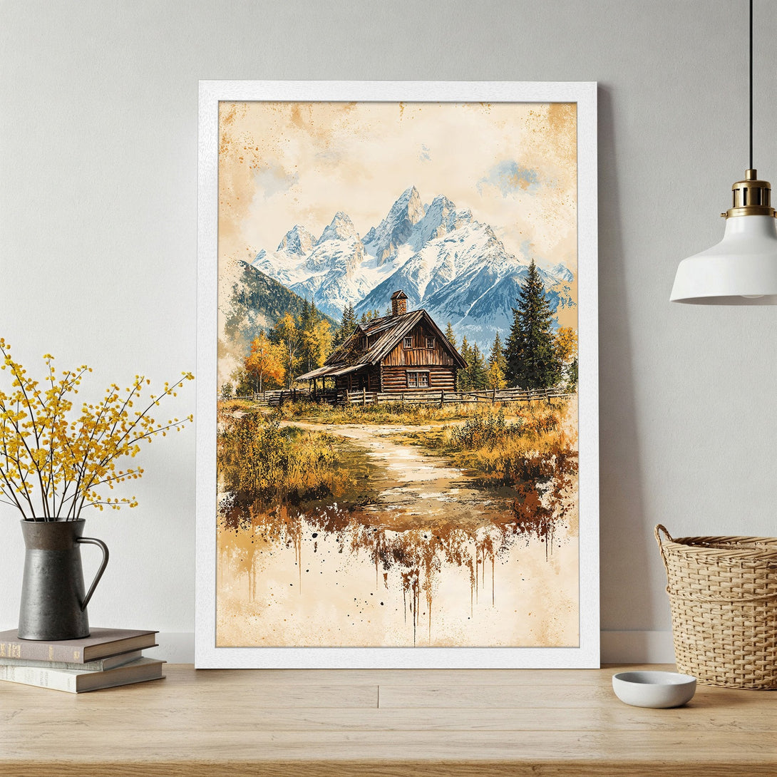 Framed Poster of a cabin in the mountains, watercolor style, warm earth tone palette. Bring nature's beauty indoors!