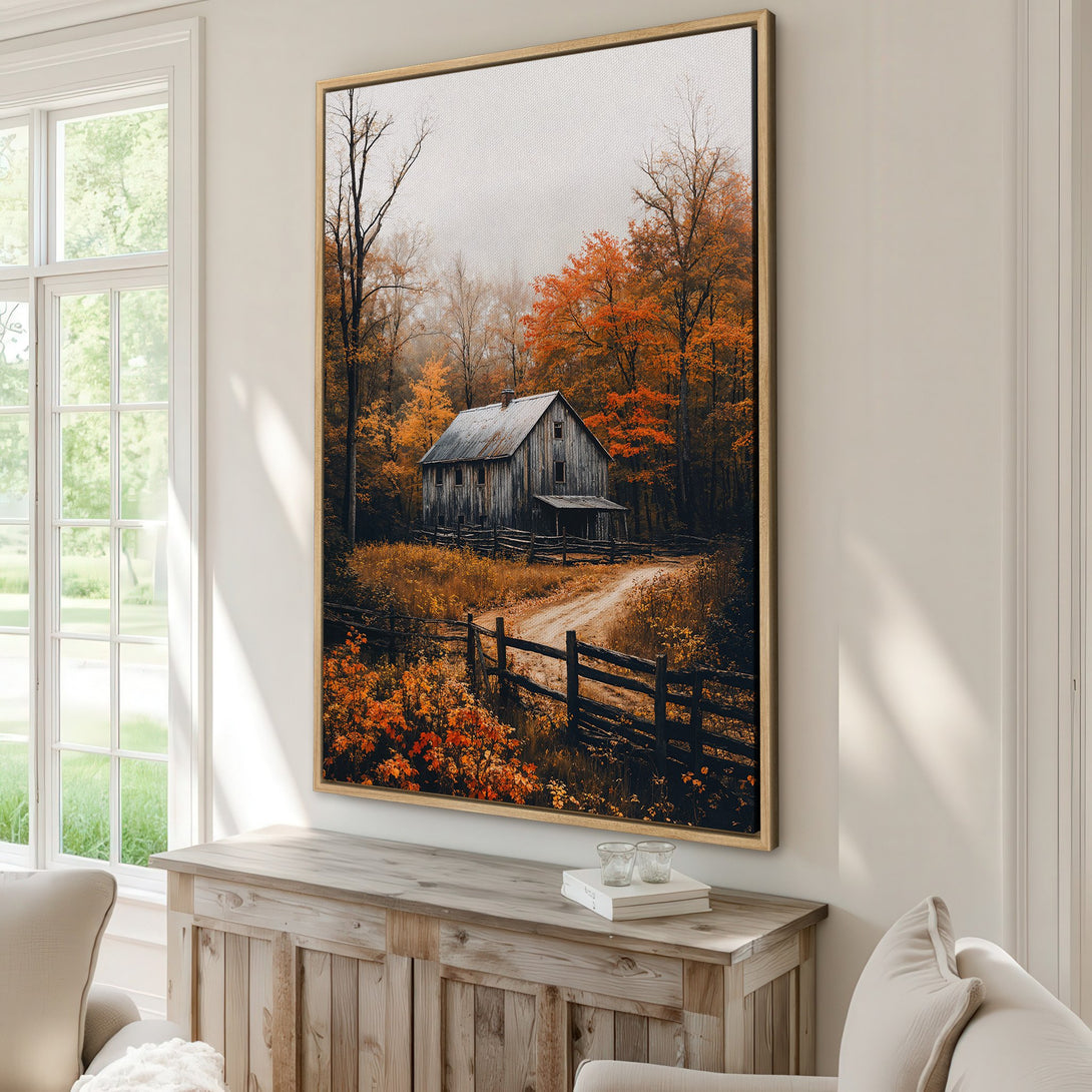 Canvas Print of a rustic barn scene in autumn. Warm orange and brown color palette. Perfect framed wall art for a cozy living room.