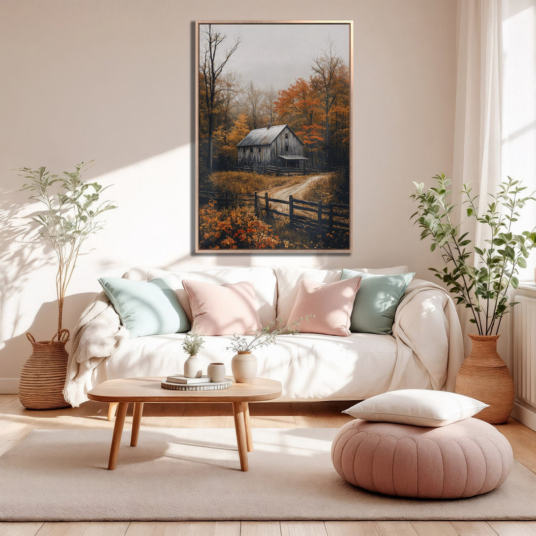 Framed Wall Art: Rustic barn scene in warm autumn colors. Perfect for cozy living rooms. Enhance your space with this beautiful canvas print.