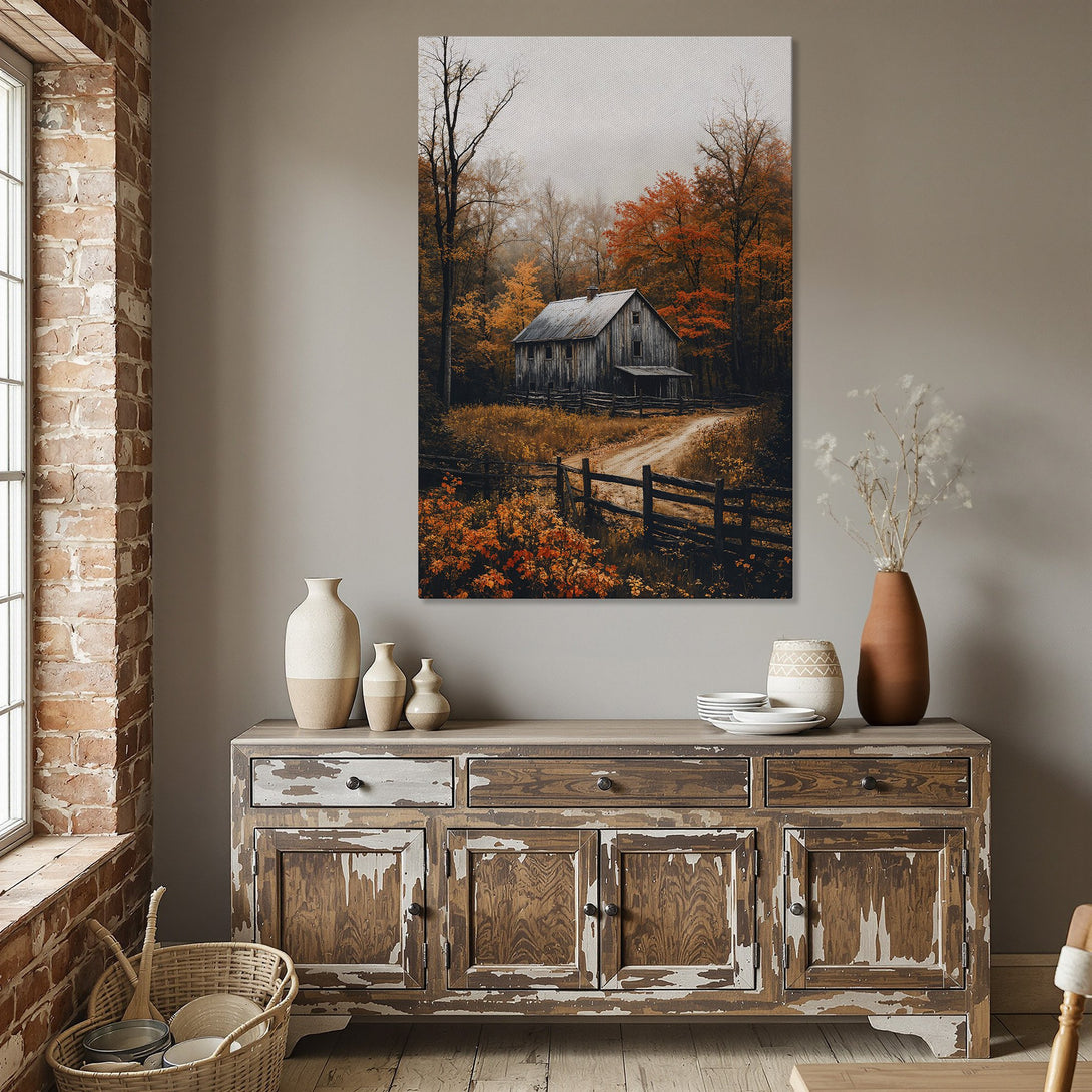 Framed Wall Art: Rustic barn scene in autumn colors. Warm, inviting canvas print for your home decor. Adds a touch of nature and charm.