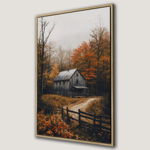 Framed Wall Art: Rustic barn in autumn forest. Warm, earthy tones of orange, brown, and gold create cozy vibes. Perfect for adding nature-inspired art to your home.