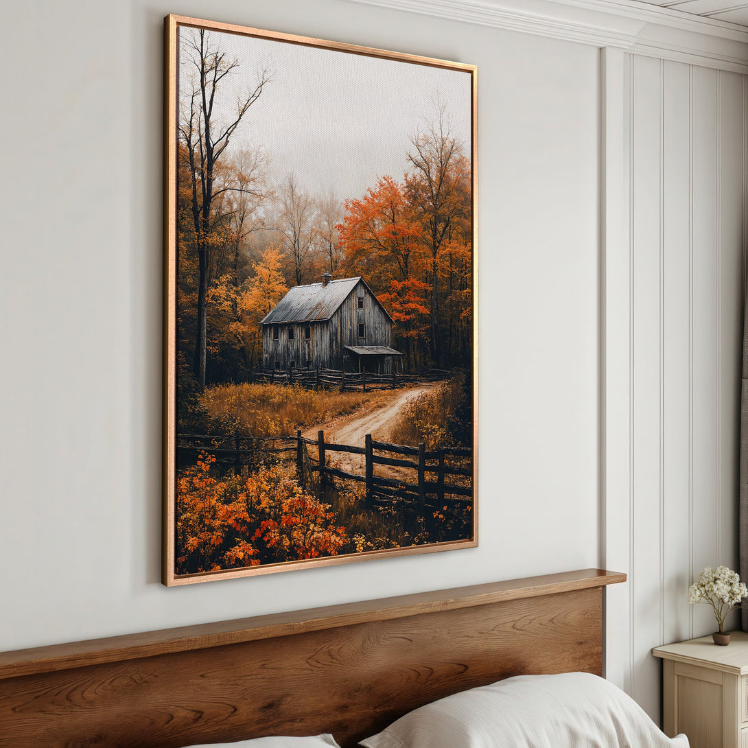 Framed Wall Art: Rustic barn scene in autumn colors. Warm orange, brown, and gold hues create a cozy, inviting aesthetic for your home decor.