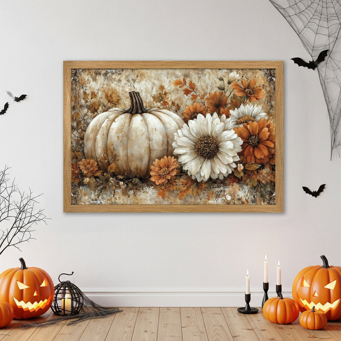 Framed Poster featuring a pumpkin and flowers, warm autumnal colors. Perfect Halloween decor!