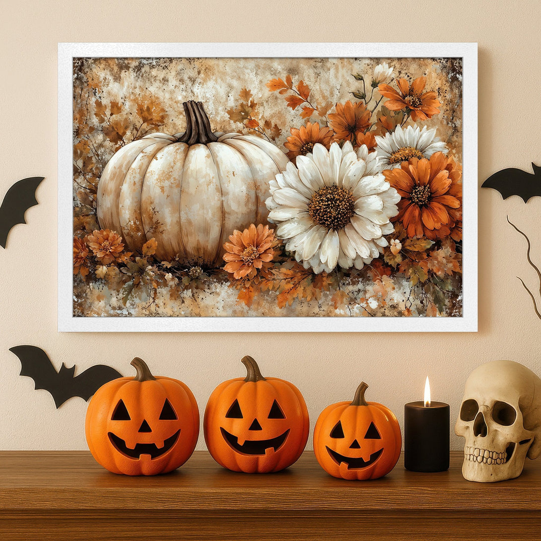 Framed Poster featuring a pumpkin & flowers, warm autumn tones. Perfect Halloween decor!