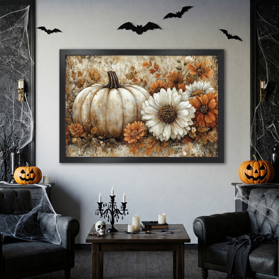 Framed Poster featuring a pumpkin and flowers in a vintage style, warm brown and cream color palette. Perfect Halloween decor!