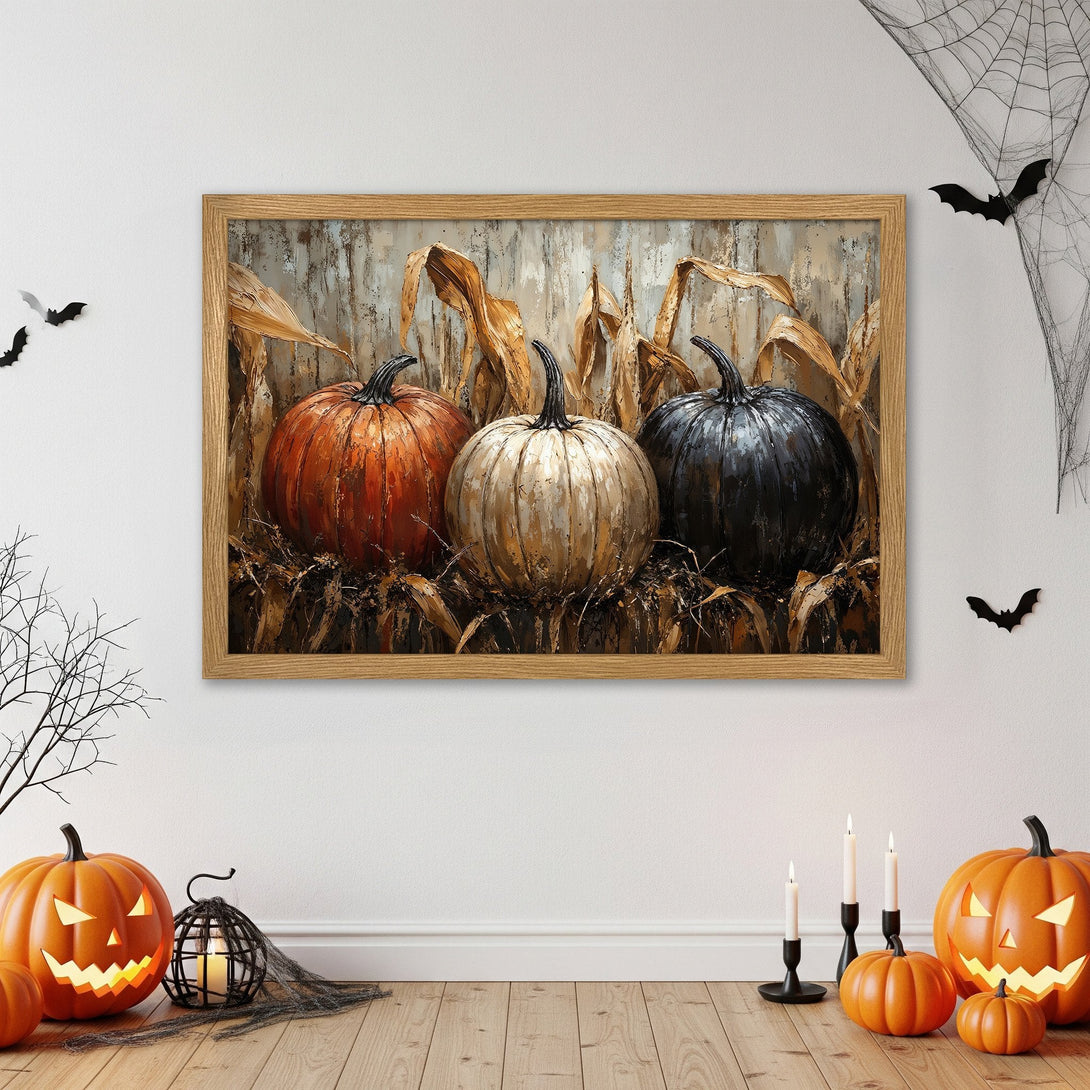 Framed Poster of pumpkins in a rustic style with orange, white, and black color palette. Perfect Halloween decor!