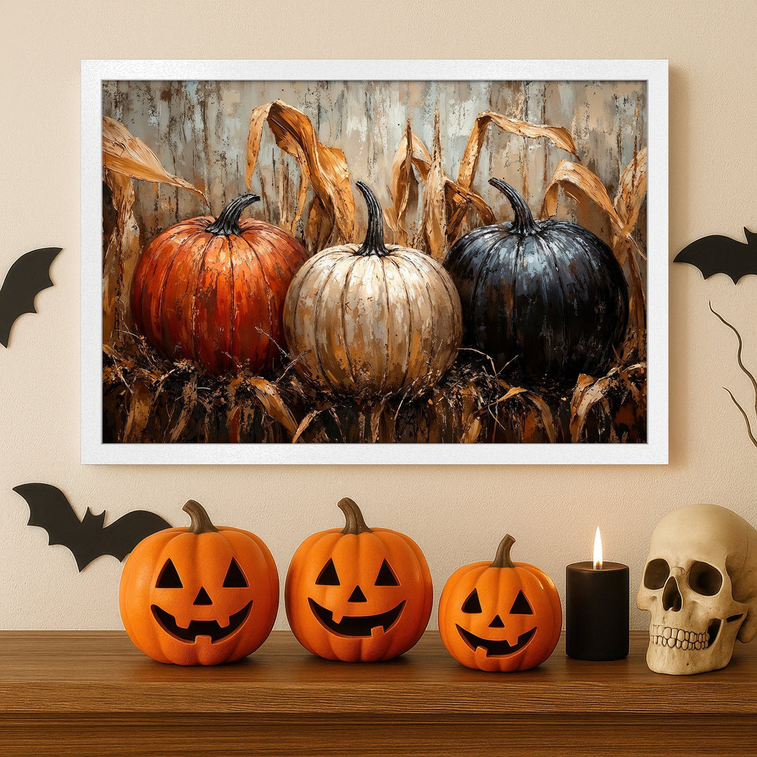 Framed Poster featuring a Halloween pumpkin art print in warm orange and black tones, perfect for fall decor.