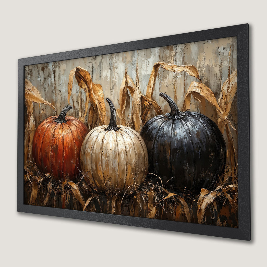 Framed Poster: Autumnal pumpkins art print in warm tones. Rustic style, perfect fall decor.