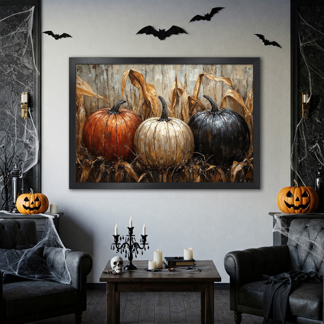 Framed Poster of Halloween pumpkins in a rustic style, featuring orange, white, and black color palette. Perfect fall decor!
