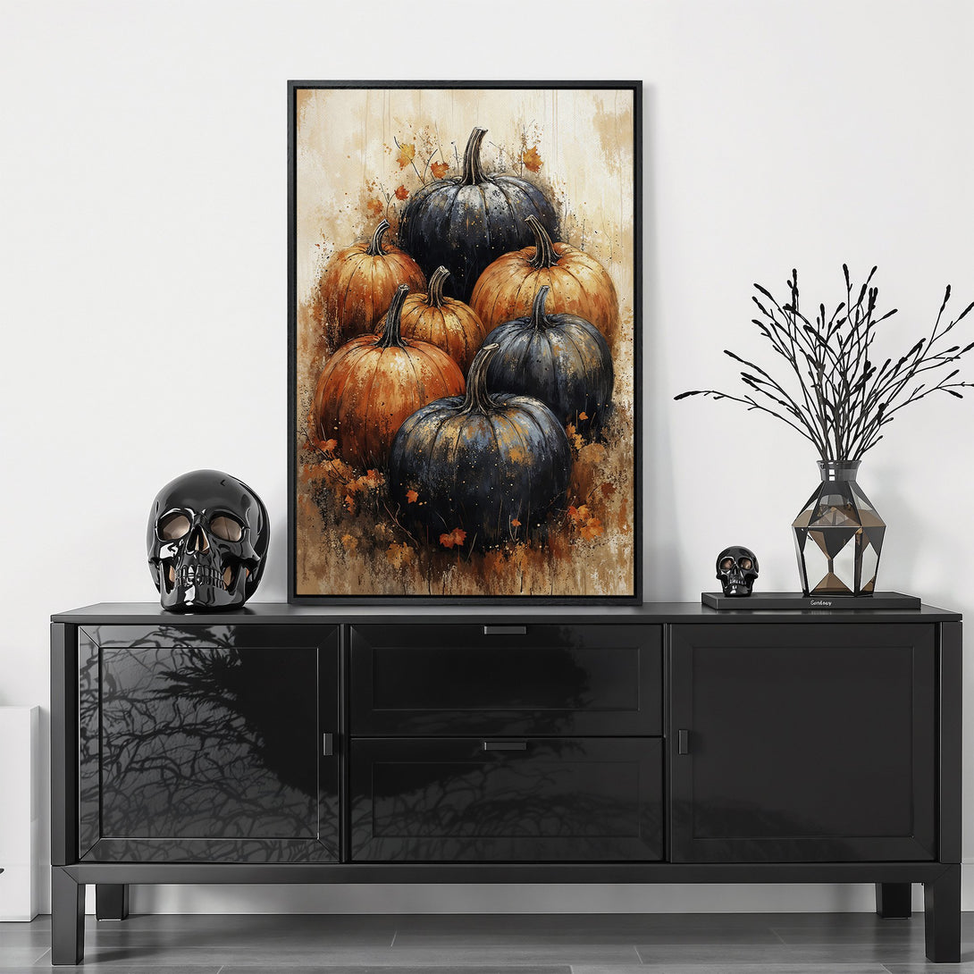 Framed Wall Art: Autumnal pumpkins in a painterly style. Warm orange and cool black tones create a cozy, seasonal vibe for your home decor.