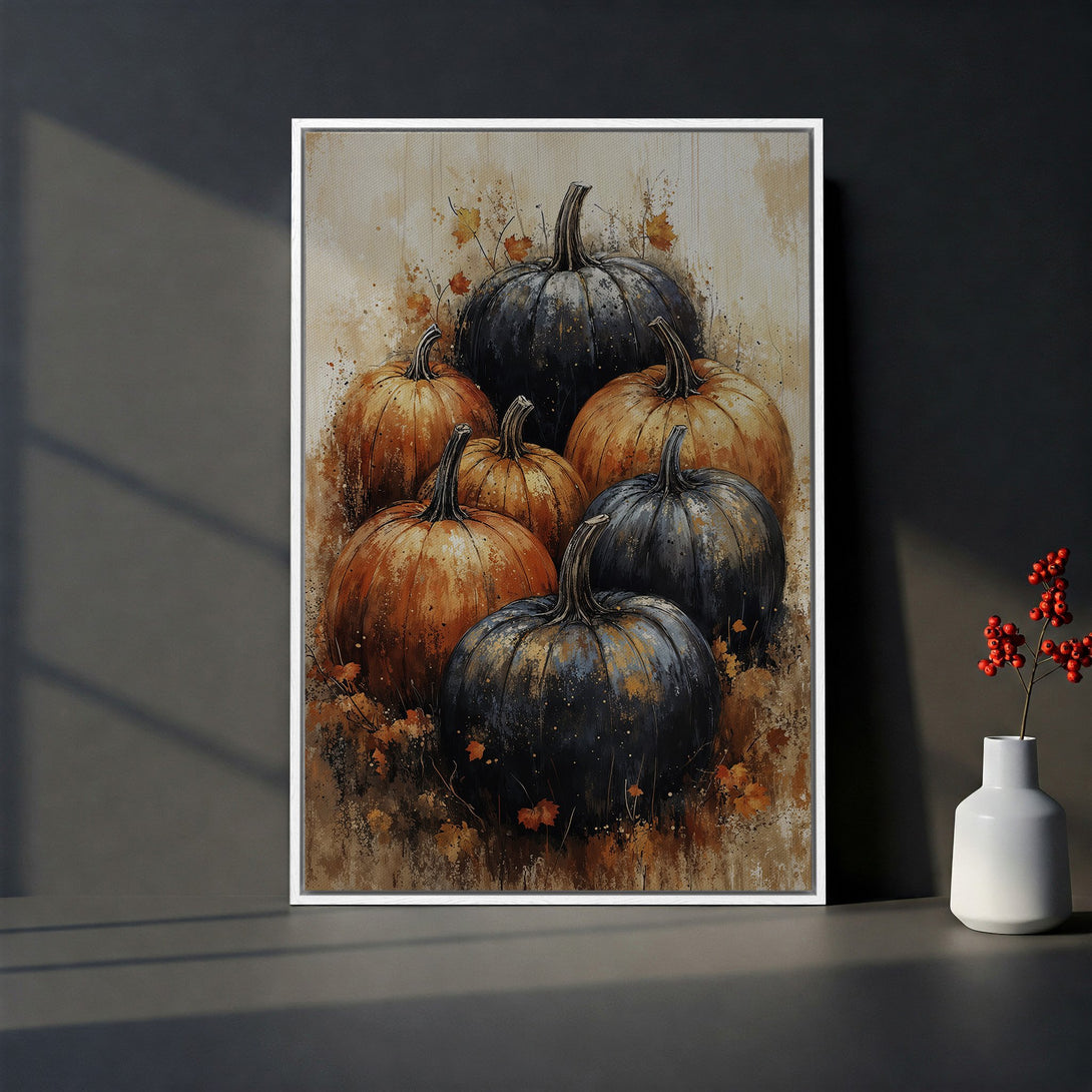 Framed Wall Art featuring an autumnal pumpkin still life in warm orange and black tones. Perfect fall decor for your home!