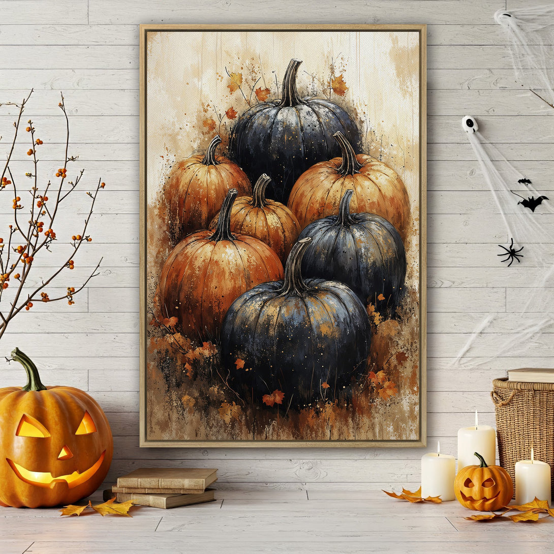 Framed Wall Art: Autumn pumpkins in warm orange and dark blue tones. Rustic, painterly style. Perfect for fall decor and Halloween.