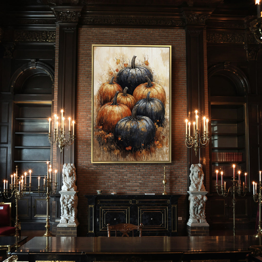 Canvas Print featuring a rustic pumpkin painting in orange and black hues. Perfect fall decor!