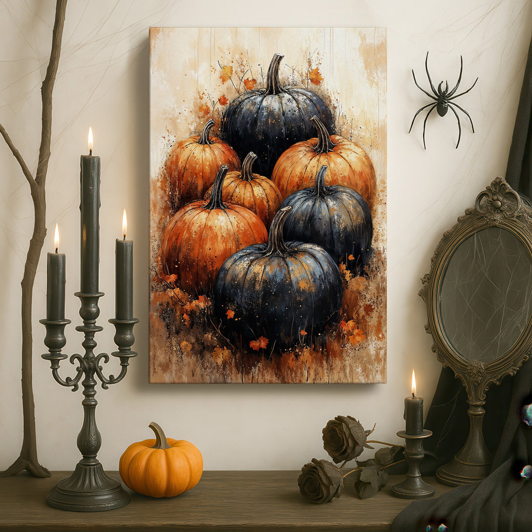 Framed Wall Art: Autumn pumpkin painting with warm orange and dark blue tones, perfect for fall decor. Adds a touch of elegance to any space.