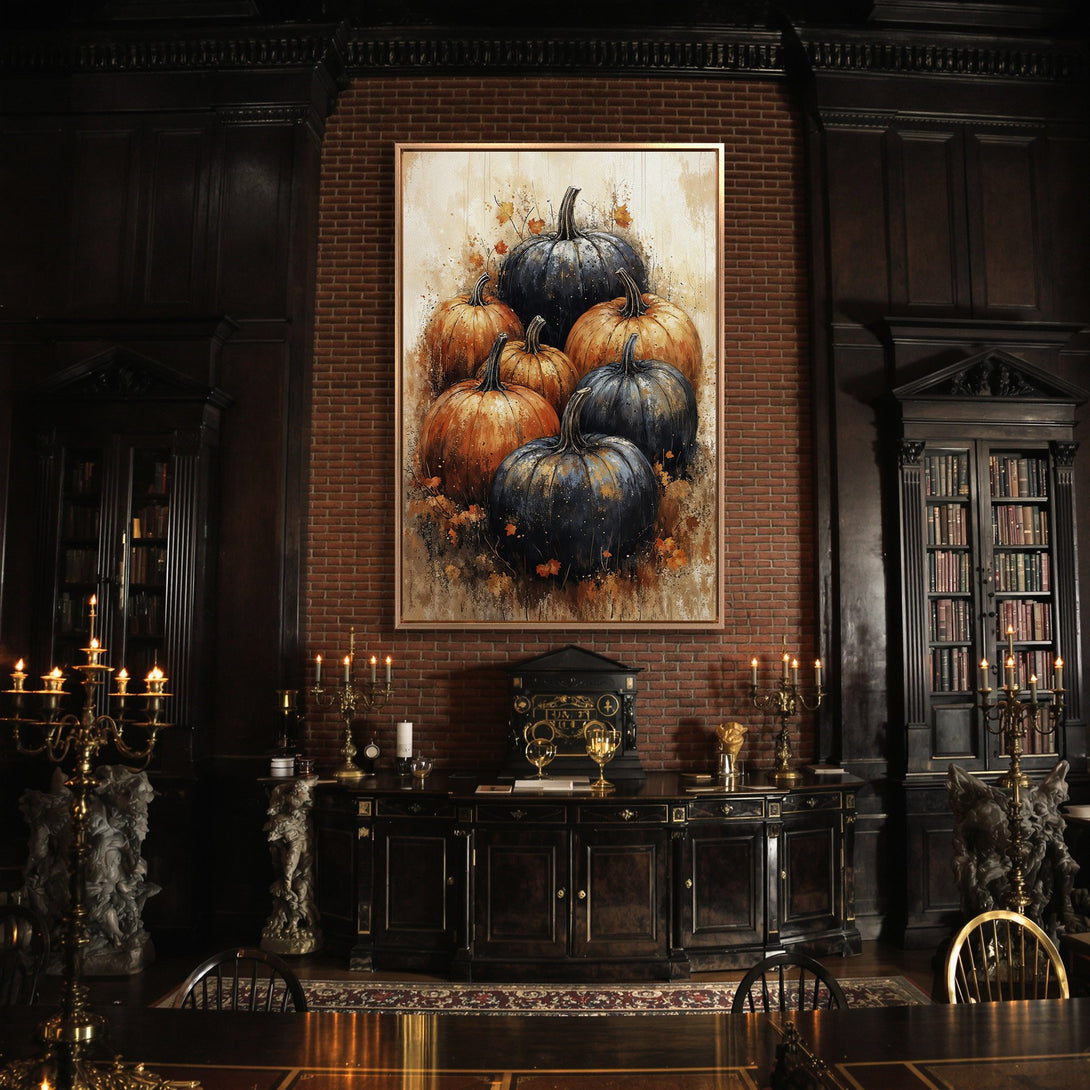 Framed Wall Art: Stunning pumpkin painting in a dark interior. Warm orange & blue hues create a cozy fall aesthetic. Perfect for autumn decor.