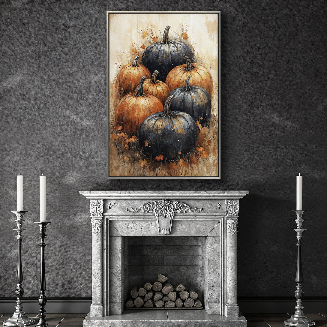 Framed Wall Art featuring watercolor pumpkins in autumn colors. Perfect fall decor for your home. Rustic, warm, and inviting canvas print.