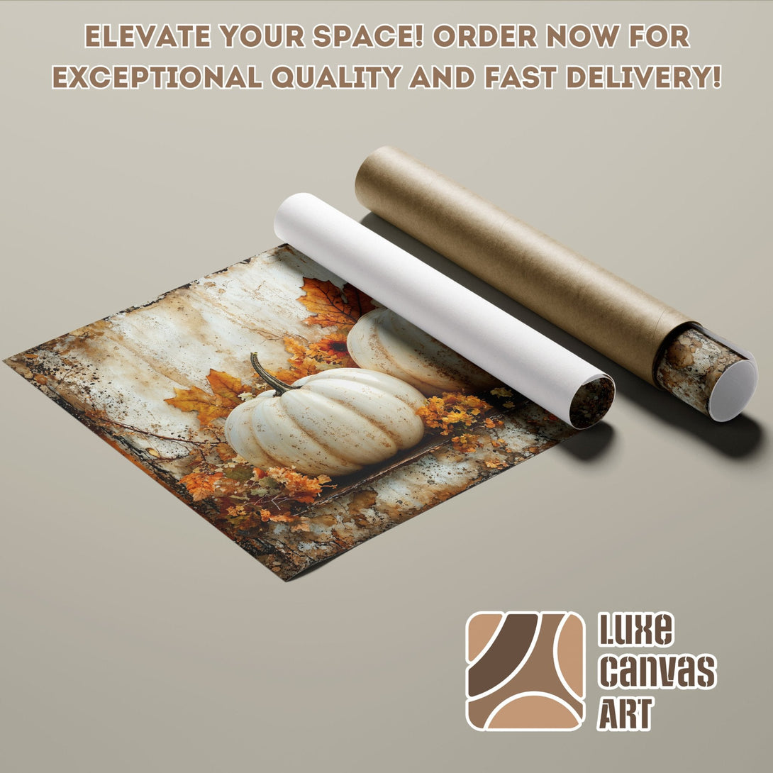 Poster Roll featuring pumpkins and fall leaves, rustic style, warm color palette. Order yours today!