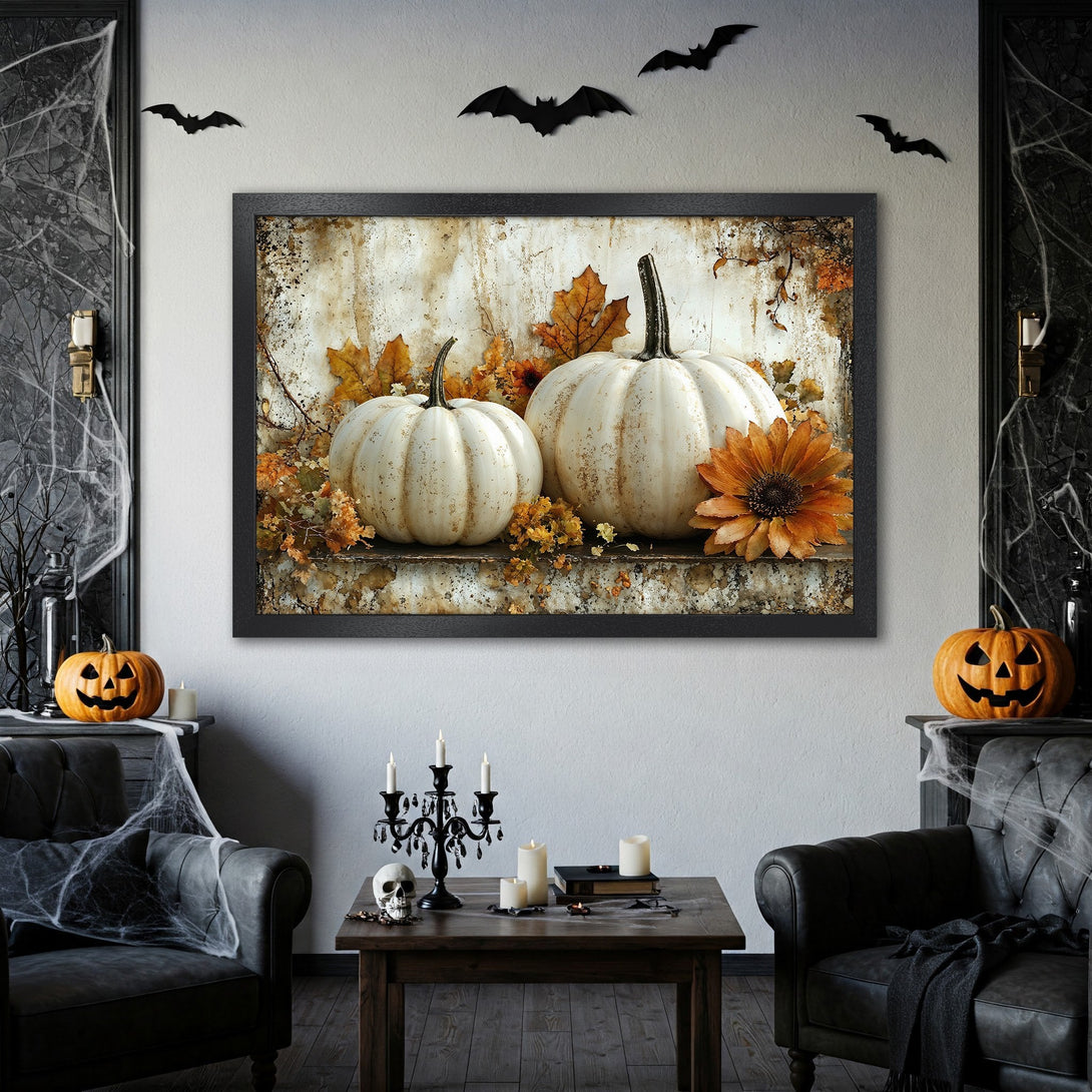 Framed Poster featuring white pumpkins & autumn leaves. Rustic style with warm orange & cream color palette. Perfect Halloween decor.
