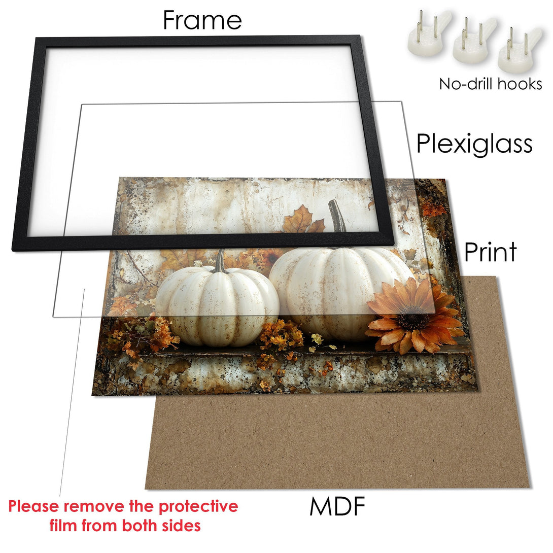 Framed Poster featuring white pumpkins and autumn leaves. Rustic style, warm color palette. Perfect fall decor!