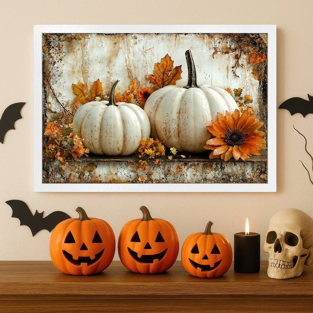 Framed Poster featuring pumpkins, leaves, and a rustic style in a warm color palette perfect for Halloween decor.