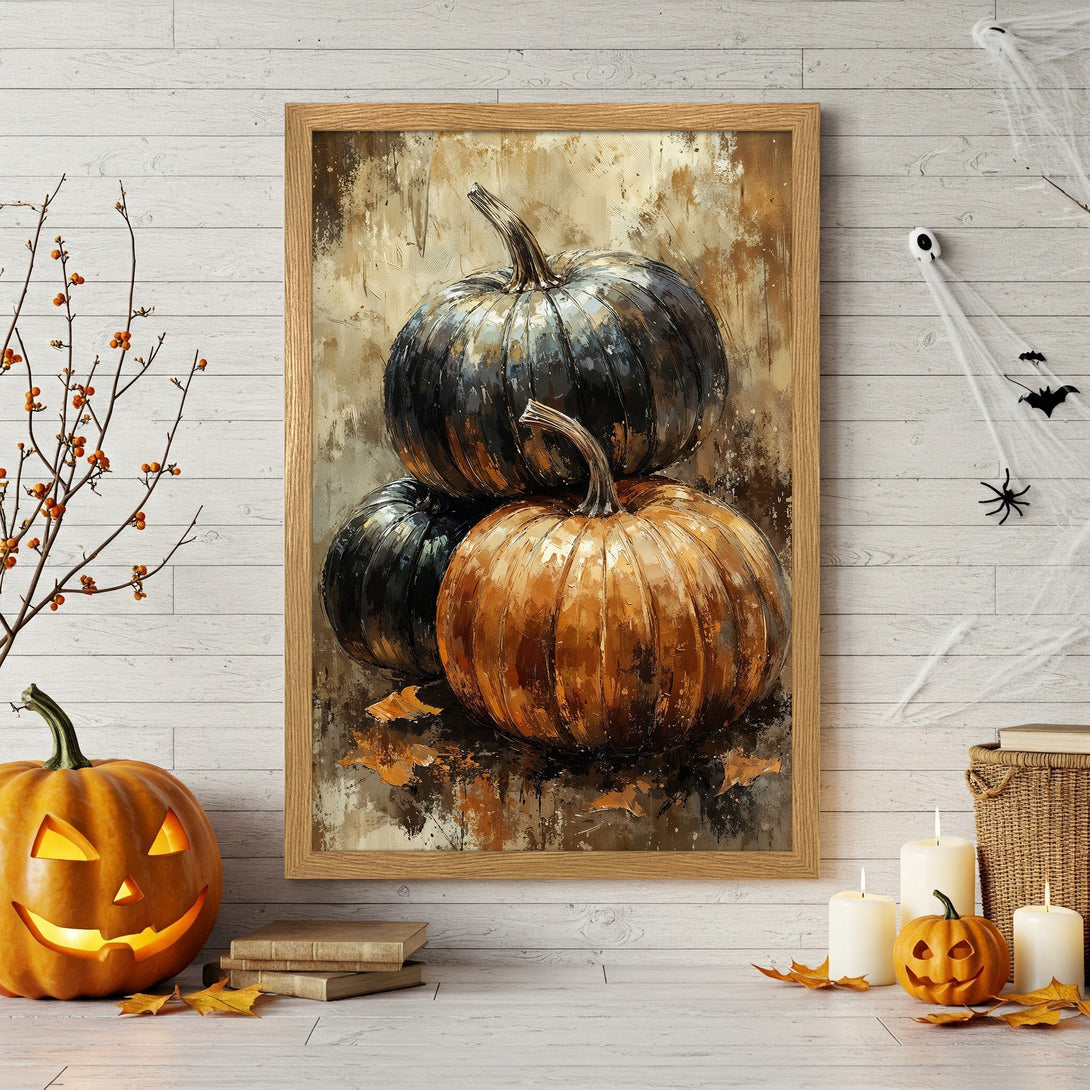 Framed Poster featuring a still life of pumpkins in a painterly style with a warm, autumnal color palette. Perfect Halloween decor!