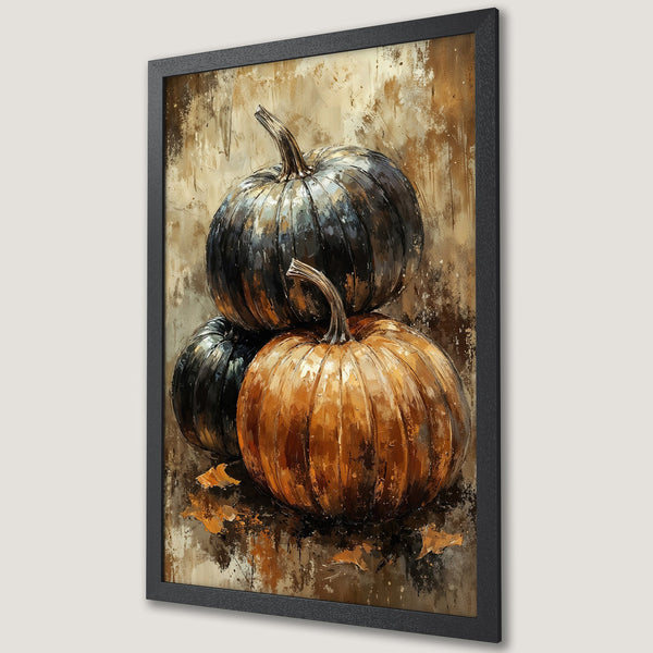 Framed Poster featuring a vibrant pumpkin still life painting with a warm, autumnal color palette. Perfect fall decor!