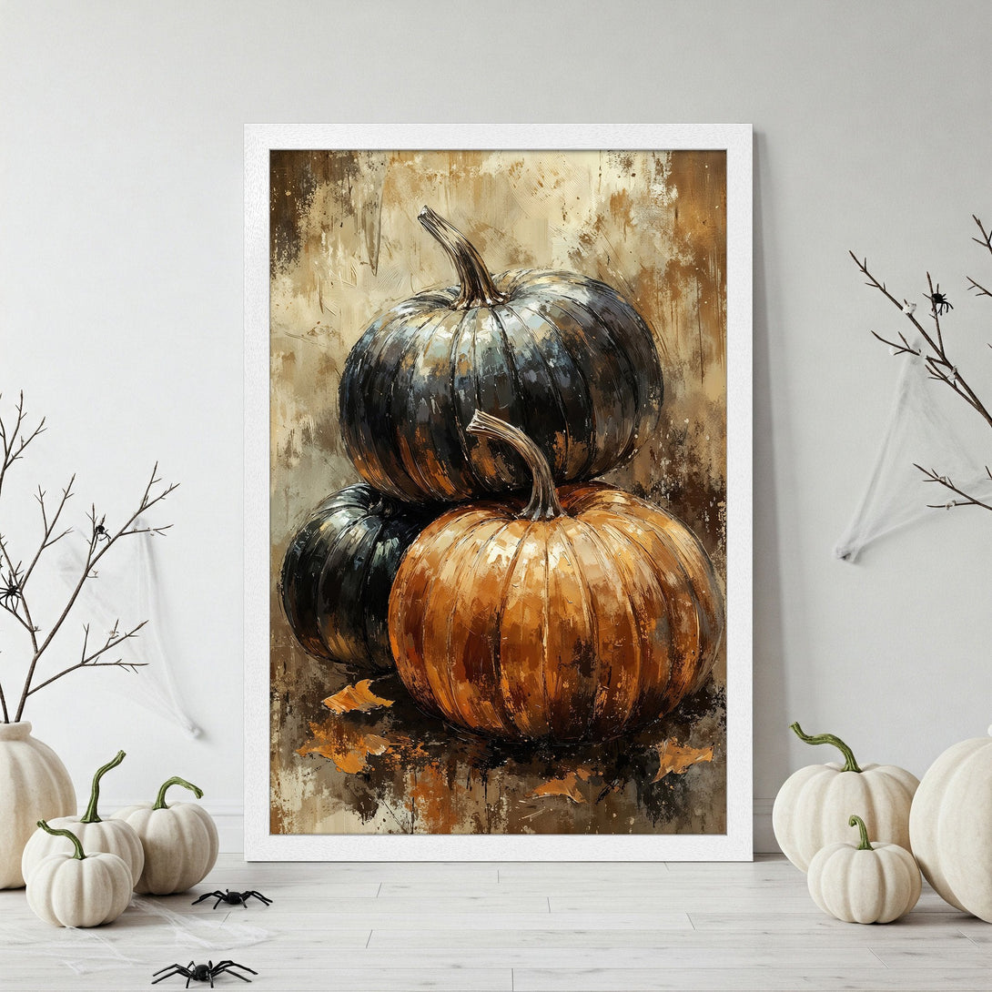 Framed Poster featuring a painterly pumpkin still life in warm orange and black tones, perfect for fall decor.