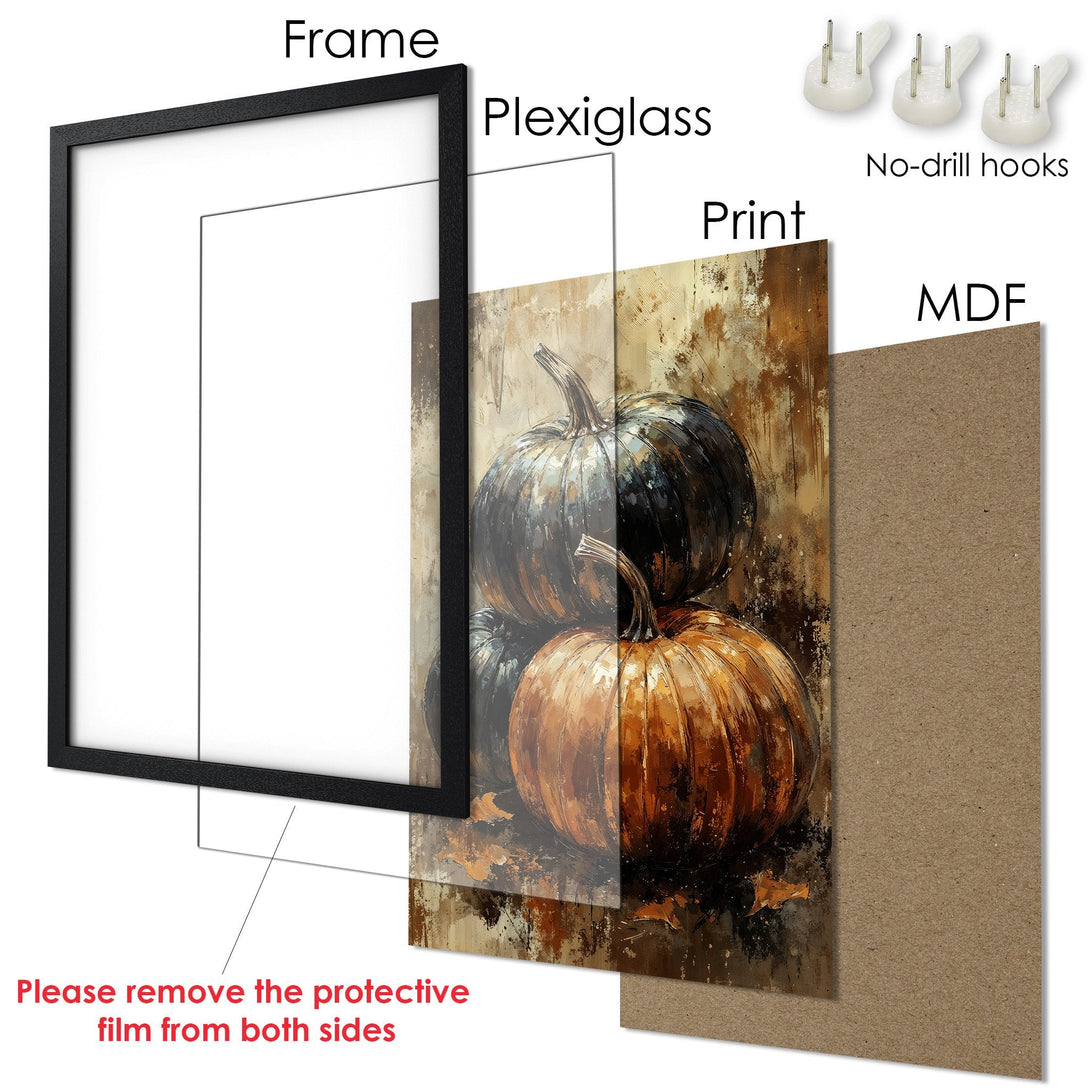 Framed Poster featuring an autumnal pumpkin painting in warm brown and earthy tones, perfect for fall decor.
