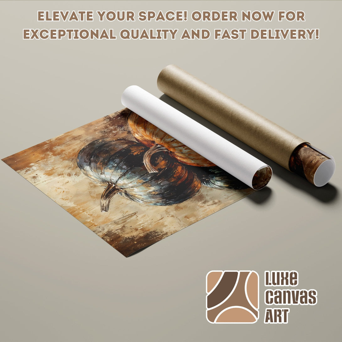 Poster Roll featuring a pumpkin still life, warm color palette, and artistic style. Order today!