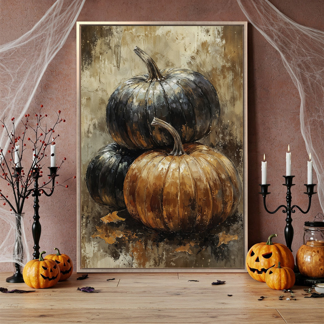 Framed Wall Art featuring a stack of pumpkins in a rustic, painterly style with warm, autumnal tones. Perfect Halloween decor!