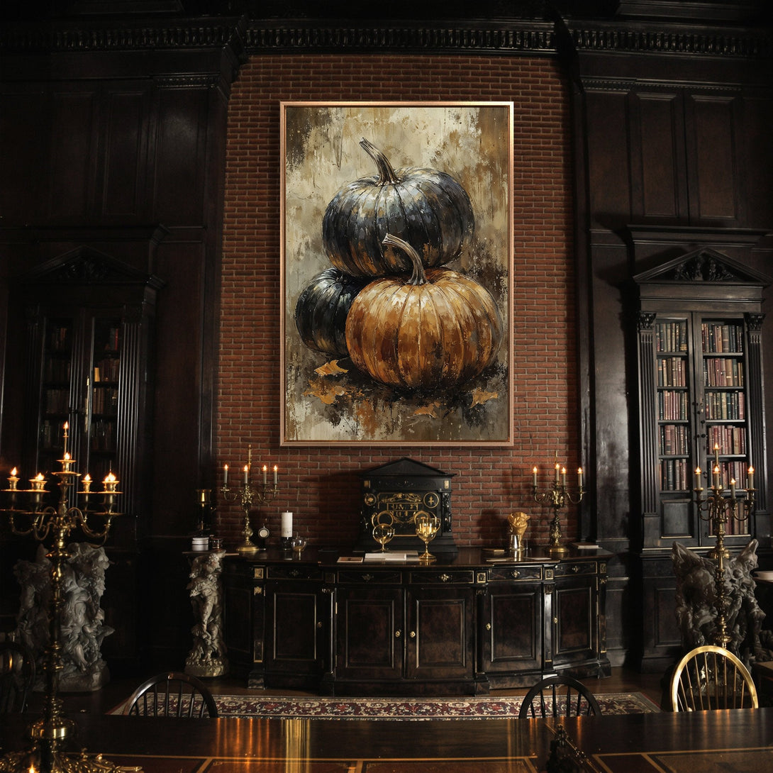 Framed Wall Art featuring a still life of pumpkins in a moody, painterly style. Earthy tones of gold, black, and brown create a sophisticated autumn vibe.