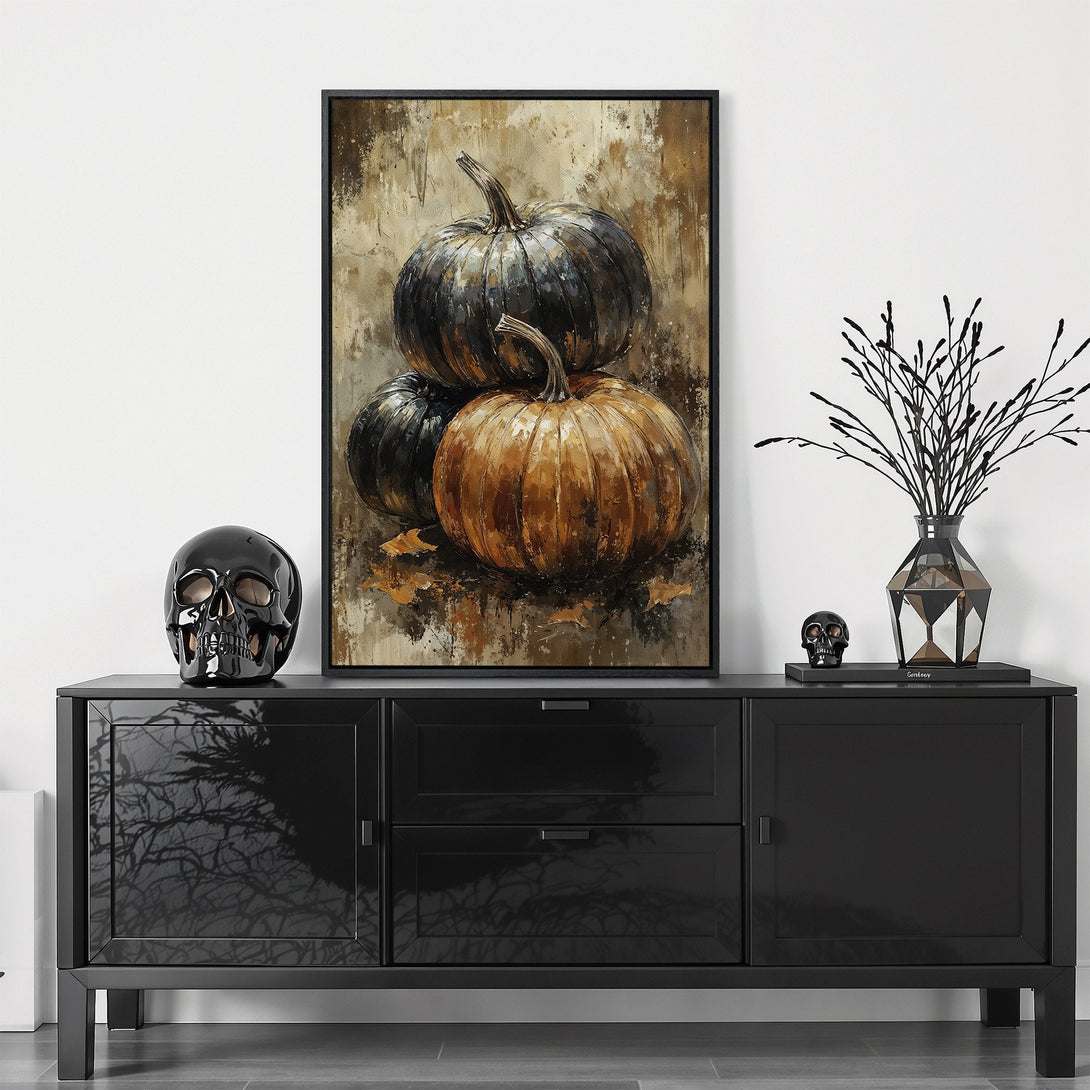 Framed Wall Art featuring a pumpkin still life in warm, earthy tones. Perfect fall decor for a cozy and stylish interior.
