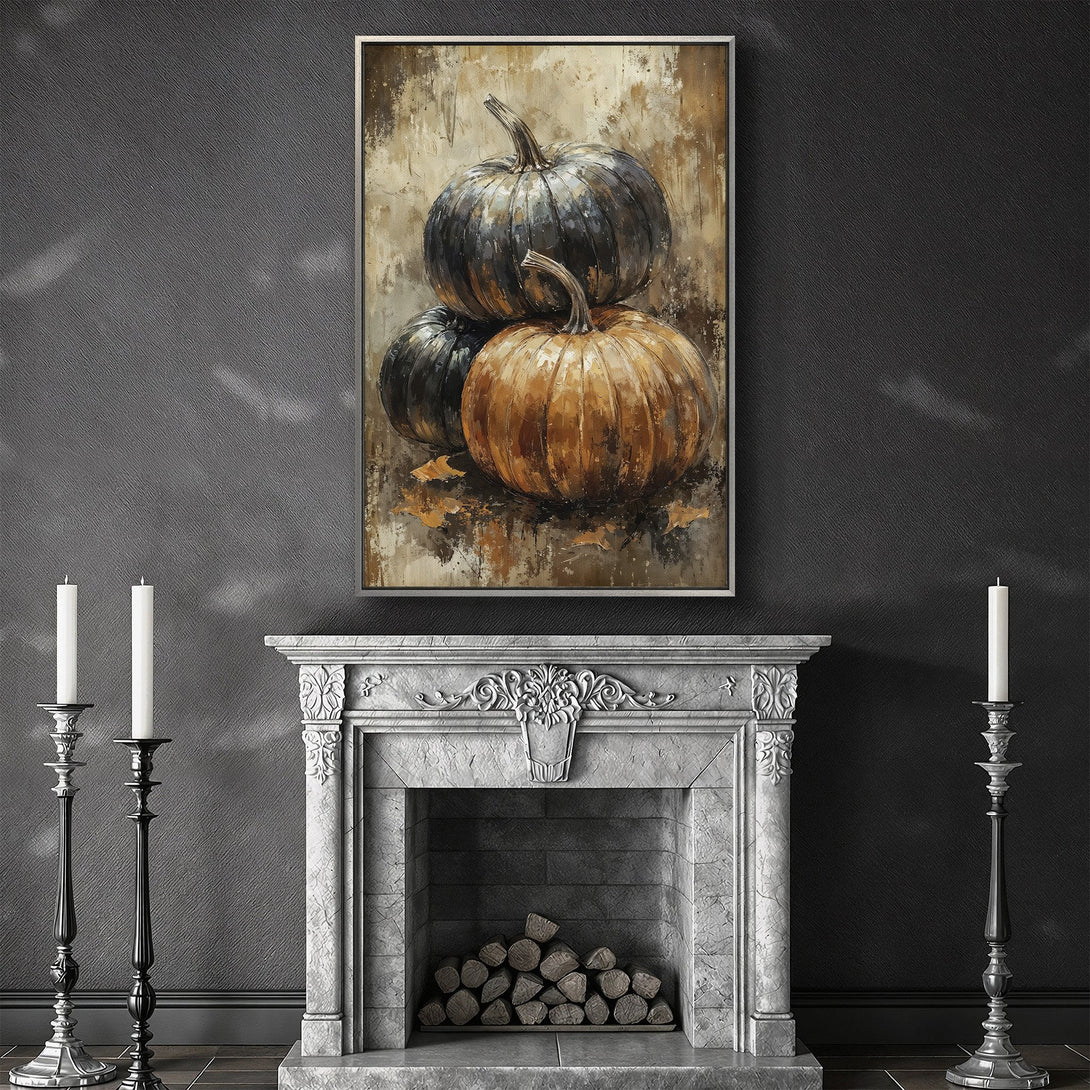 Framed Wall Art of pumpkins in a rustic style, warm brown and black color palette. Add autumn charm to your home with this canvas print.