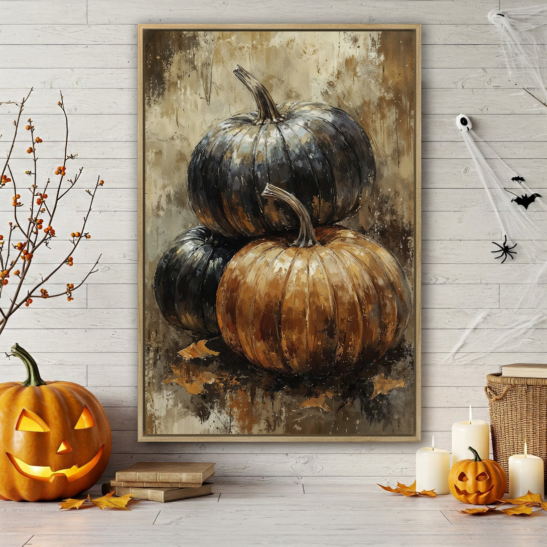 Framed Wall Art: Abstract pumpkin painting in warm autumn tones. Perfect fall decor for your home. Canvas print features a rustic, textured style.