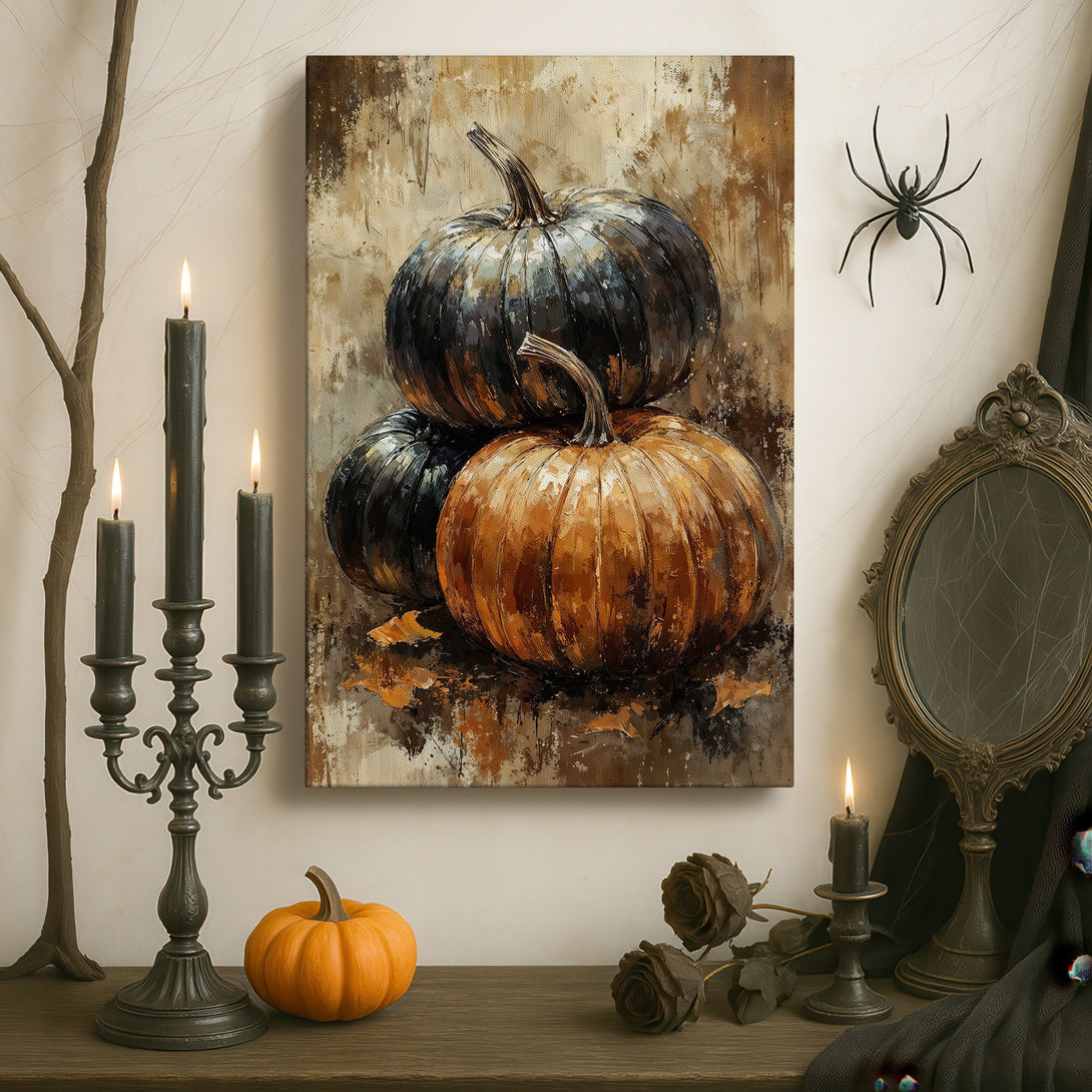 Framed Wall Art: Abstract pumpkin painting in a luxurious interior. Warm, earthy tones of gold, brown, and black. Perfect fall decor.