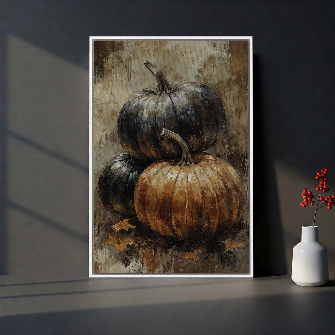 Framed Wall Art featuring a still life of pumpkins in an impressionistic style with a warm, earthy color palette. Perfect fall decor!