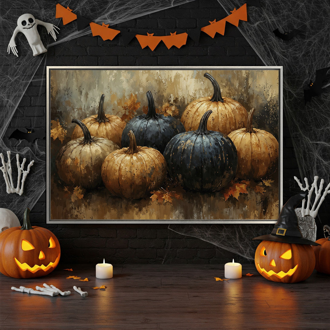 Framed Wall Art: Halloween-themed canvas print featuring pumpkins in a rustic style with warm, autumnal color palette. Perfect for fall decor!