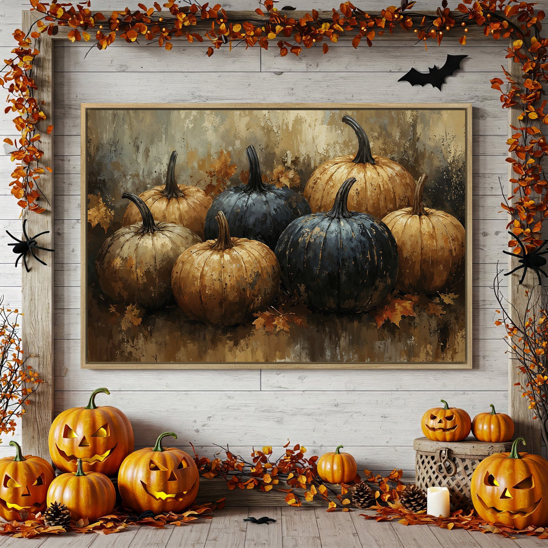 Framed Wall Art: Autumn pumpkin painting in warm hues. Perfect Halloween decor! Enhance your home with this stunning canvas print.