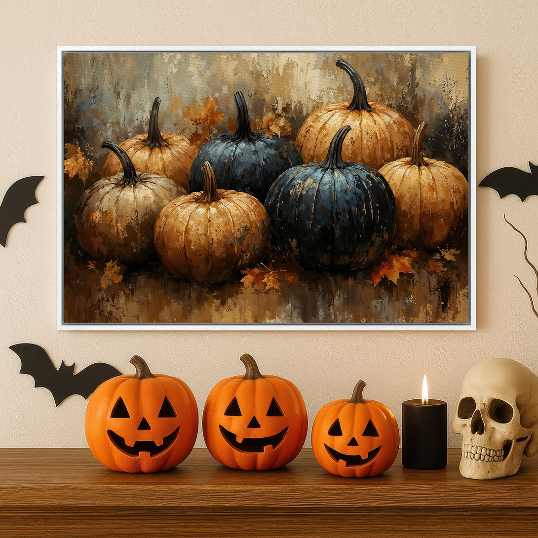 Framed Wall Art featuring a fall-themed pumpkin painting with warm orange and dark blue tones, perfect for Halloween decor.