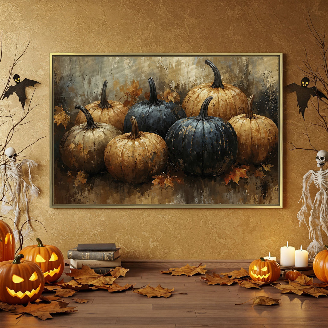 Halloween Canvas Print featuring pumpkins in a rustic, moody style with warm orange, gold, and black tones. Perfect for fall decor!