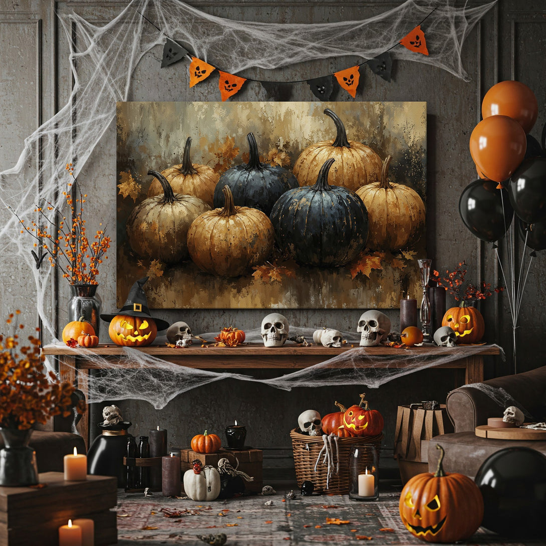 Framed Wall Art: Spooky pumpkin painting in warm autumnal tones. Perfect Halloween decor! Adds a touch of rustic charm to any space.