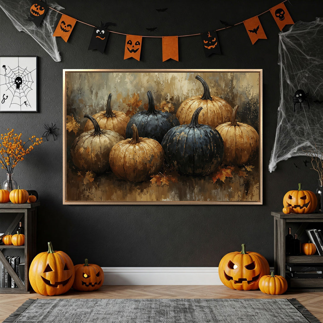 Framed Wall Art featuring a pumpkin painting in a warm, autumnal color palette. Perfect Halloween decor for a cozy, stylish interior.