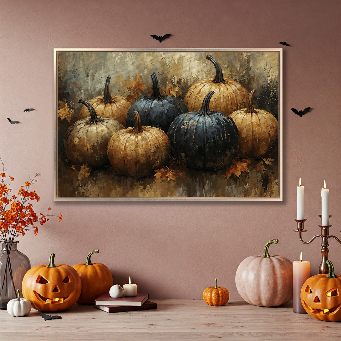 Framed Wall Art: Rustic pumpkin painting in warm autumn tones. Perfect Halloween decor! Enhance your space with this beautiful canvas print.