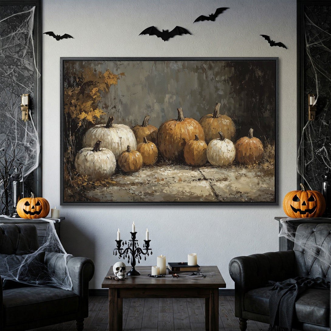 Framed Wall Art: Rustic pumpkin painting in warm orange & white tones. Perfect fall decor for a cozy, Halloween-themed interior.