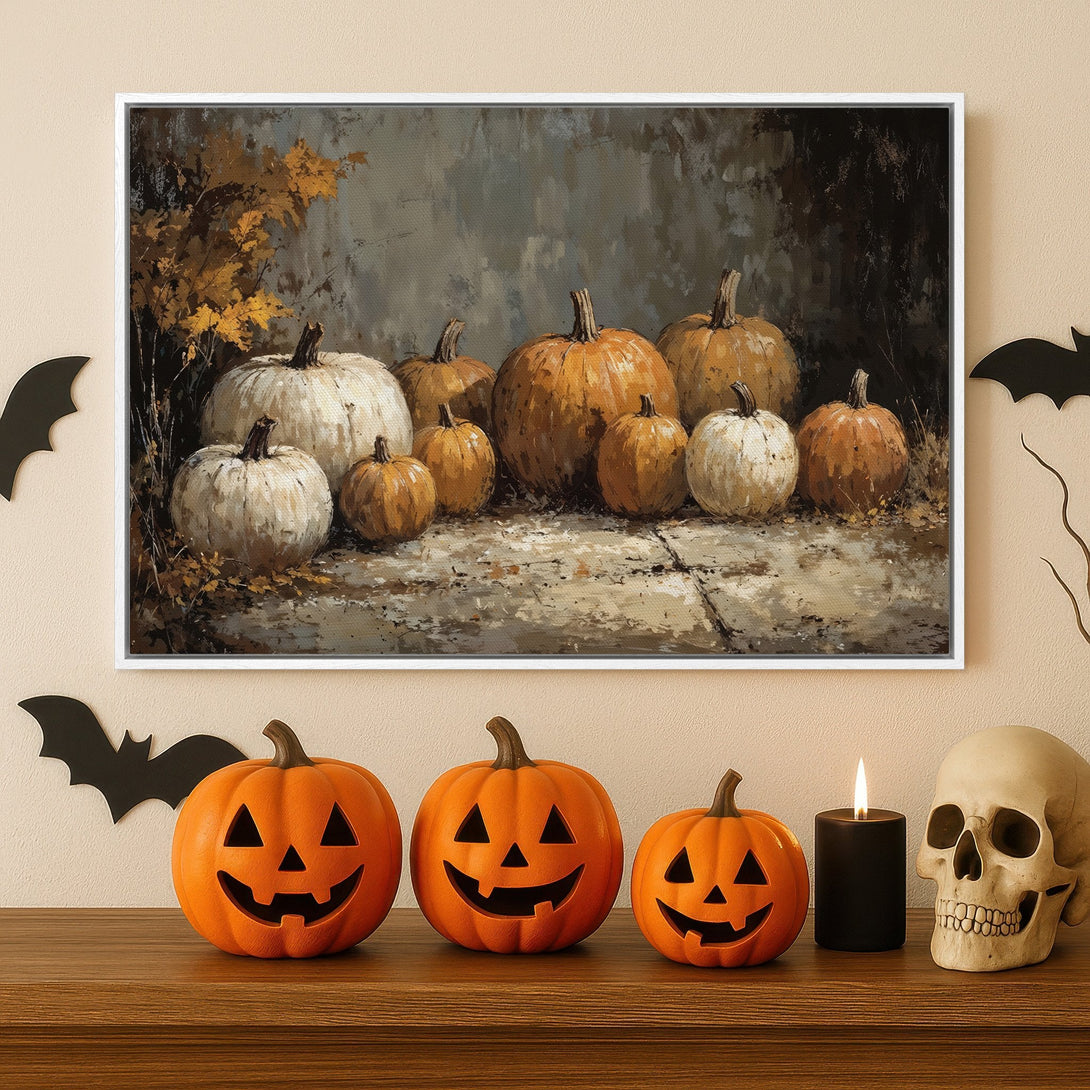 Framed Wall Art: Rustic pumpkin painting in warm orange and neutral tones. Perfect fall decor for your home!