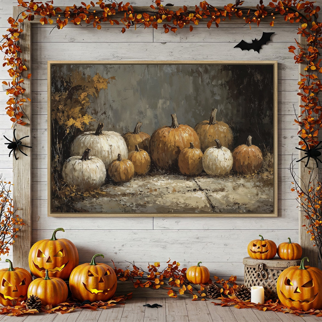 Framed Wall Art: Rustic pumpkin painting in warm orange and neutral tones, perfect for fall decor.